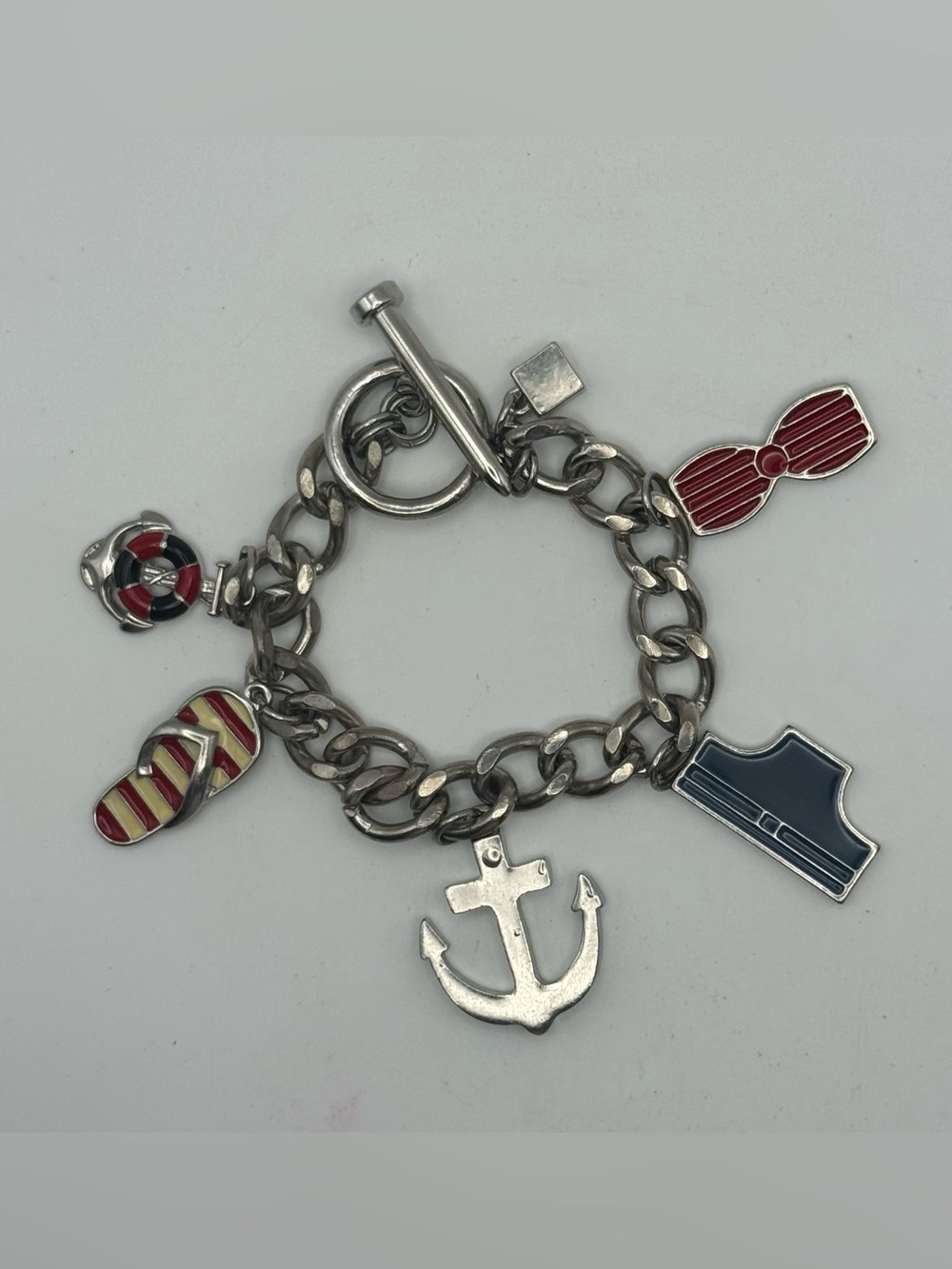 Beach Theme Charm Bracelet Bikini Flip Flop Anchor Life Preserver SilverTone